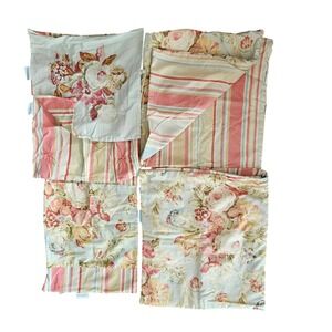 Waverly Floral Stripe Bedding Set Pink Green Cottagecore Embroidered Shams 5 pc